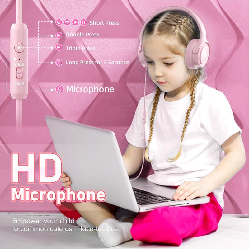 ADOOPE Kids Headphones with Cord-3.5mm Jack 85/94dB Safe Volume Control Built-in Microphone On-Ear Headphones for Kids/Teens/Girls/School/Travel/3.5mm Devices(Pink) - Image 5